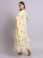 Joban Fashion Beige Cotton Floral Printed & Embroidery Work Kurta With Trousers & Dupatta Set | Grocsy