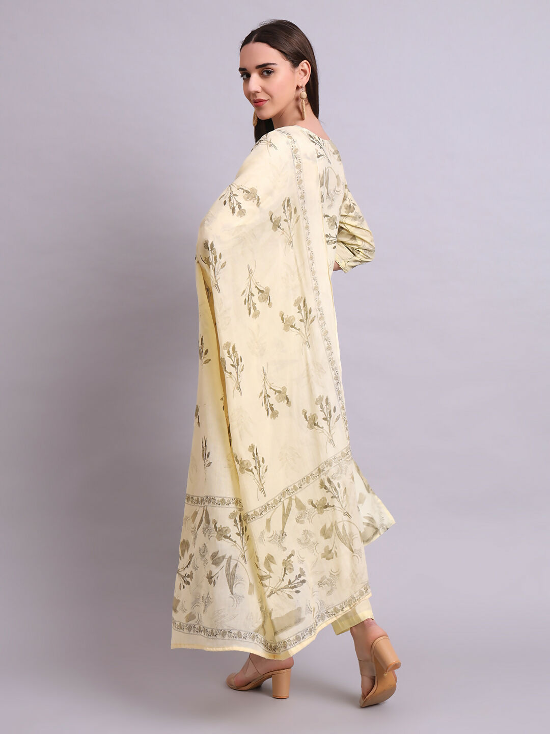 Joban Fashion Beige Cotton Floral Printed & Embroidery Work Kurta With Trousers & Dupatta Set | Grocsy