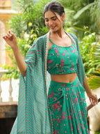 Janasya Green Georgette Floral Top Bottom Cape | Grocsy