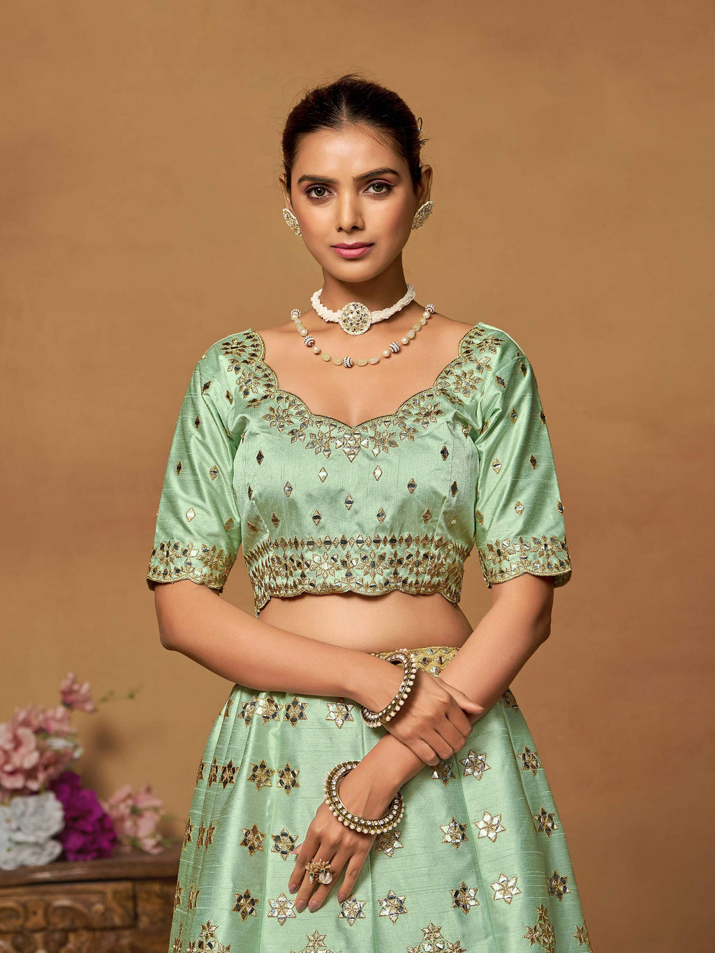 Pista Green Mulberry Silk Foil Paper Mirror Work Lehenga Choli - Jihu Culture | Grocsy
