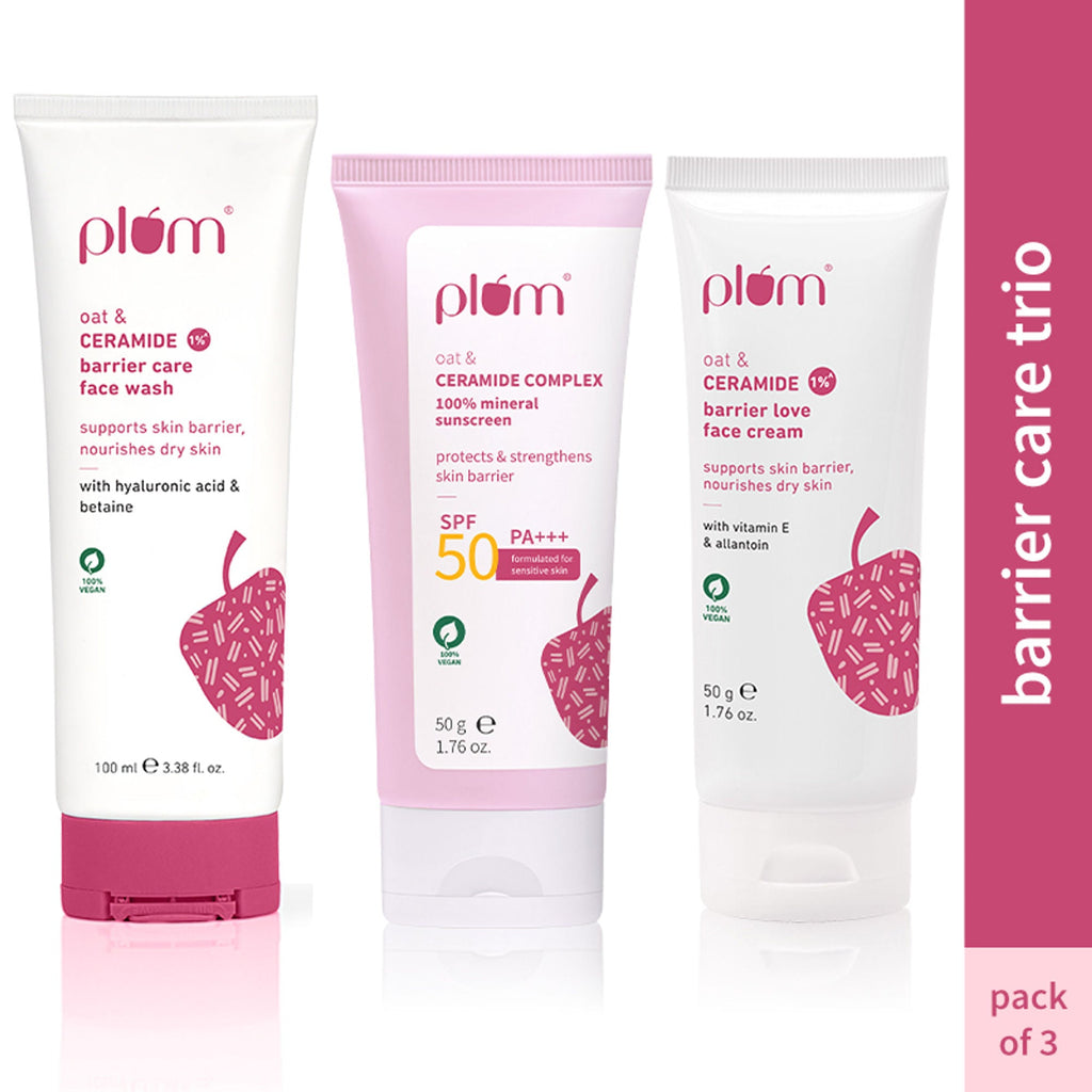 Plum Ceramides Face Wash, Moisturizer & Sunscreen SPF 50 PA+++ Combo for Barrier Repair & Sun Care | Grocsy
