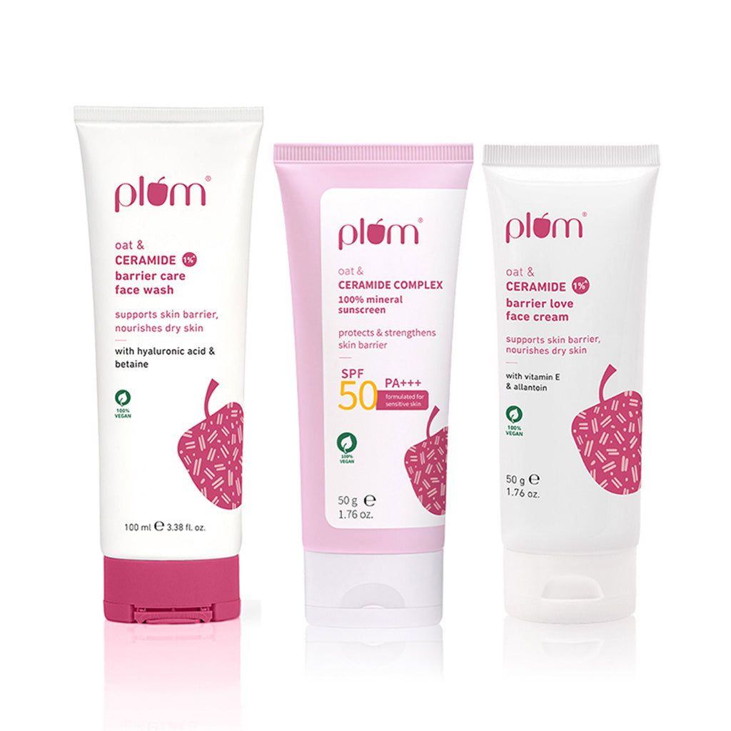 Plum Ceramides Face Wash, Moisturizer & Sunscreen SPF 50 PA+++ Combo for Barrier Repair & Sun Care | Grocsy