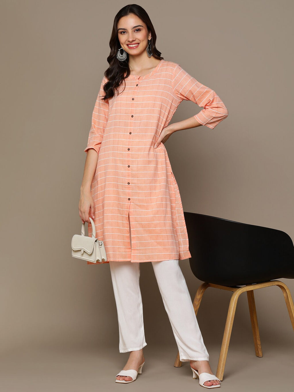 HERE&NOW Orange & White Checked Straight Kurta | Grocsy