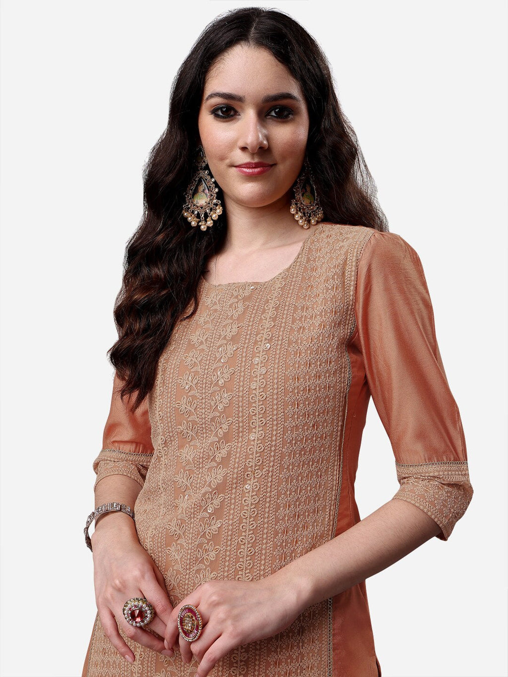 HERE&NOW Lucknowi Chikankari Schiffli Chanderi Silk Kurta Trousers with Organza Dupatta | Grocsy