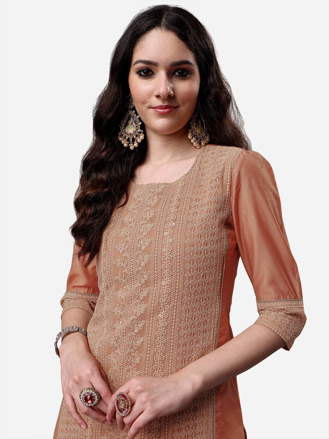 HERE&NOW Lucknowi Chikankari Schiffli Chanderi Silk Kurta Trousers with Organza Dupatta | Grocsy