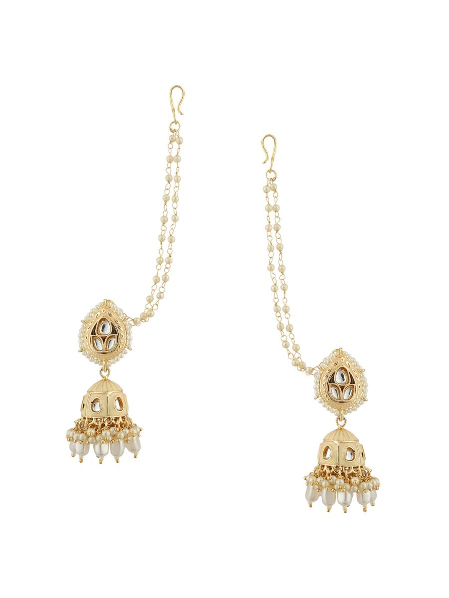 Anikas Creation Cream-Coloured & Gold Toned Kundan & Pearl Jadau Dome Shaped Jhumkas | Grocsy