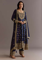 Teeya Creation Blue Color Chinnon Silk Embroidery Work Gown | Grocsy