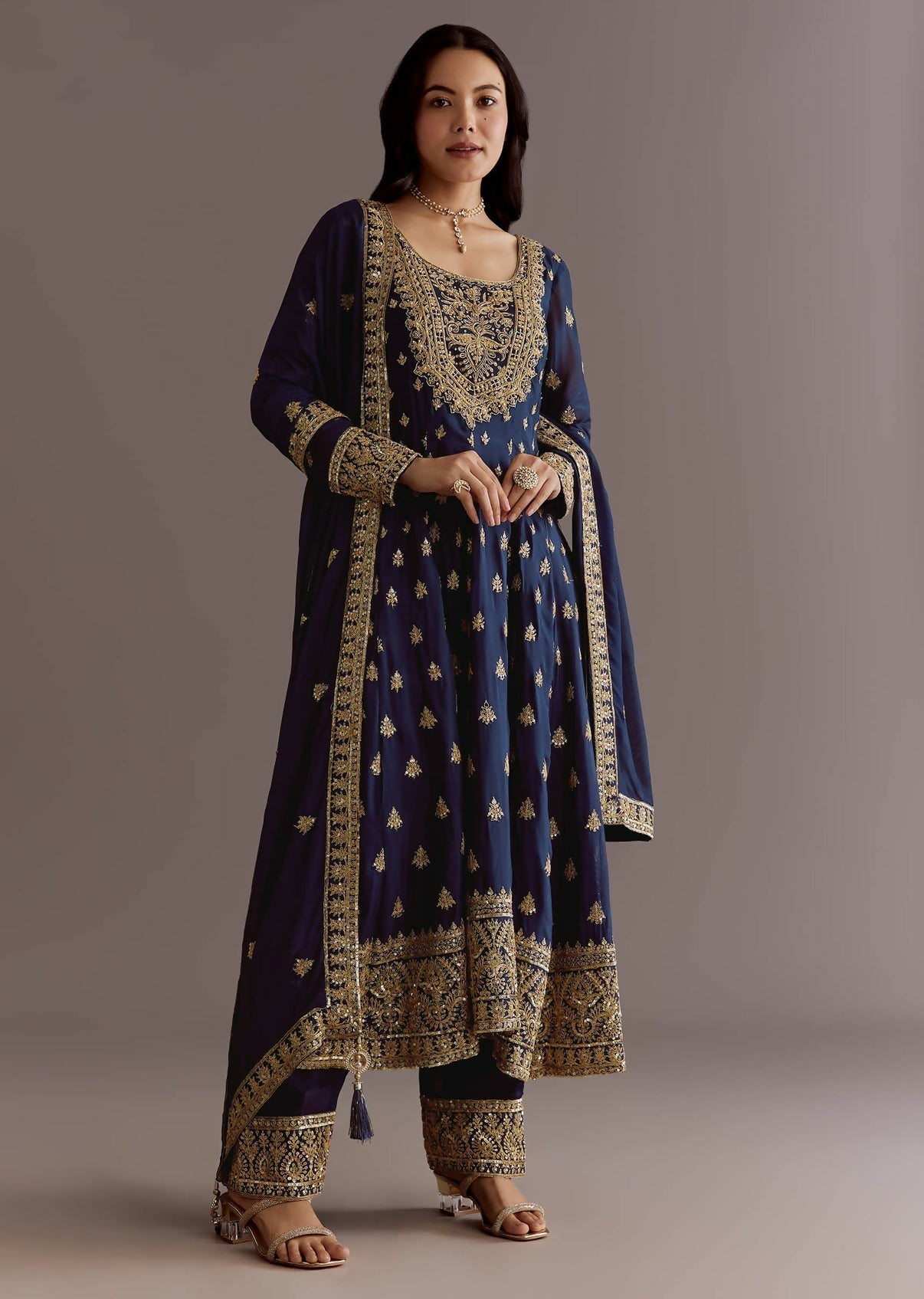 Teeya Creation Blue Color Chinnon Silk Embroidery Work Gown | Grocsy