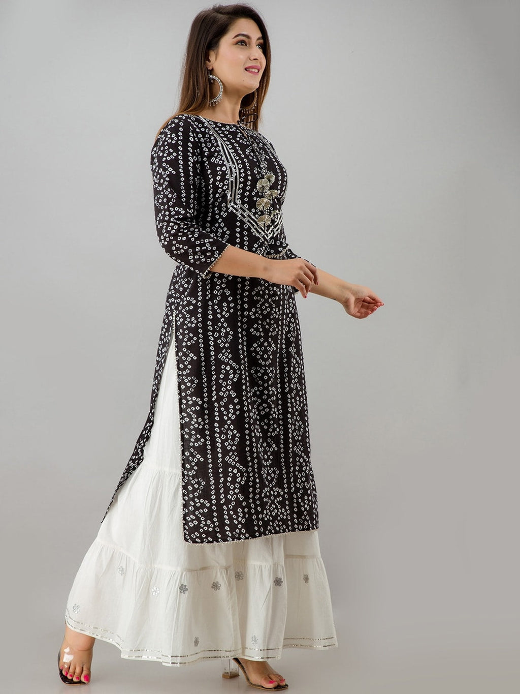 HERE&NOW Black Tie Up Neck Bandhani Printed Gotta Patti Kurta | Grocsy