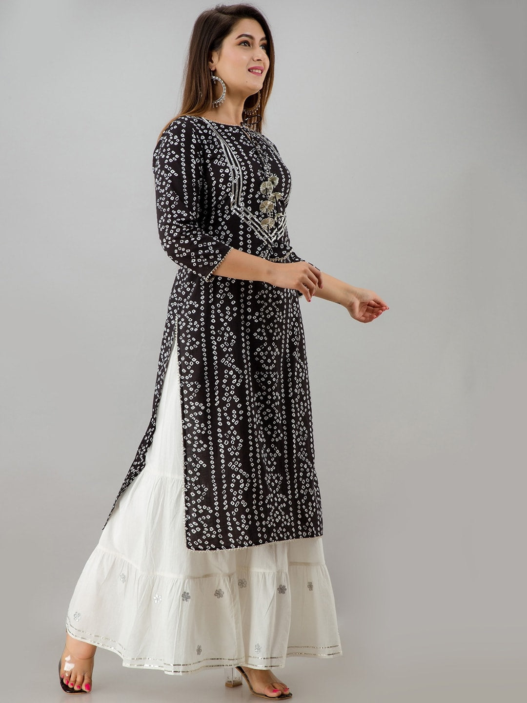 HERE&NOW Black Tie Up Neck Bandhani Printed Gotta Patti Kurta | Grocsy