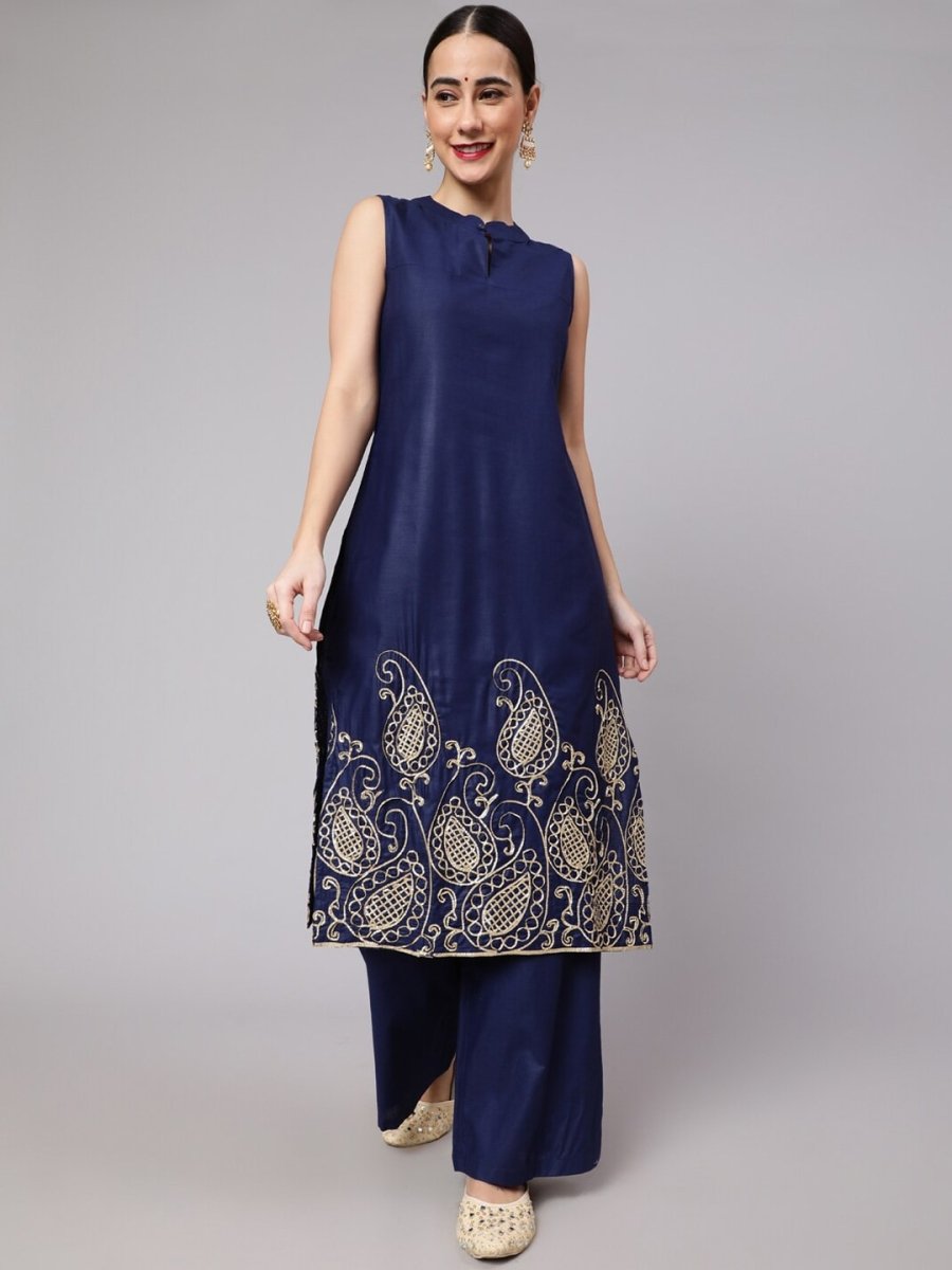 Aks Paisley Embroidered Band Collar Kurta with Palazzos | Grocsy