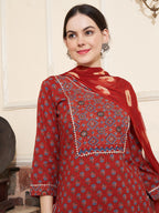 Sangria Maroon Ethnic Motifs Printed Mirror Work Pure Cotton Kurta with Trousers & Dupatta | Grocsy
