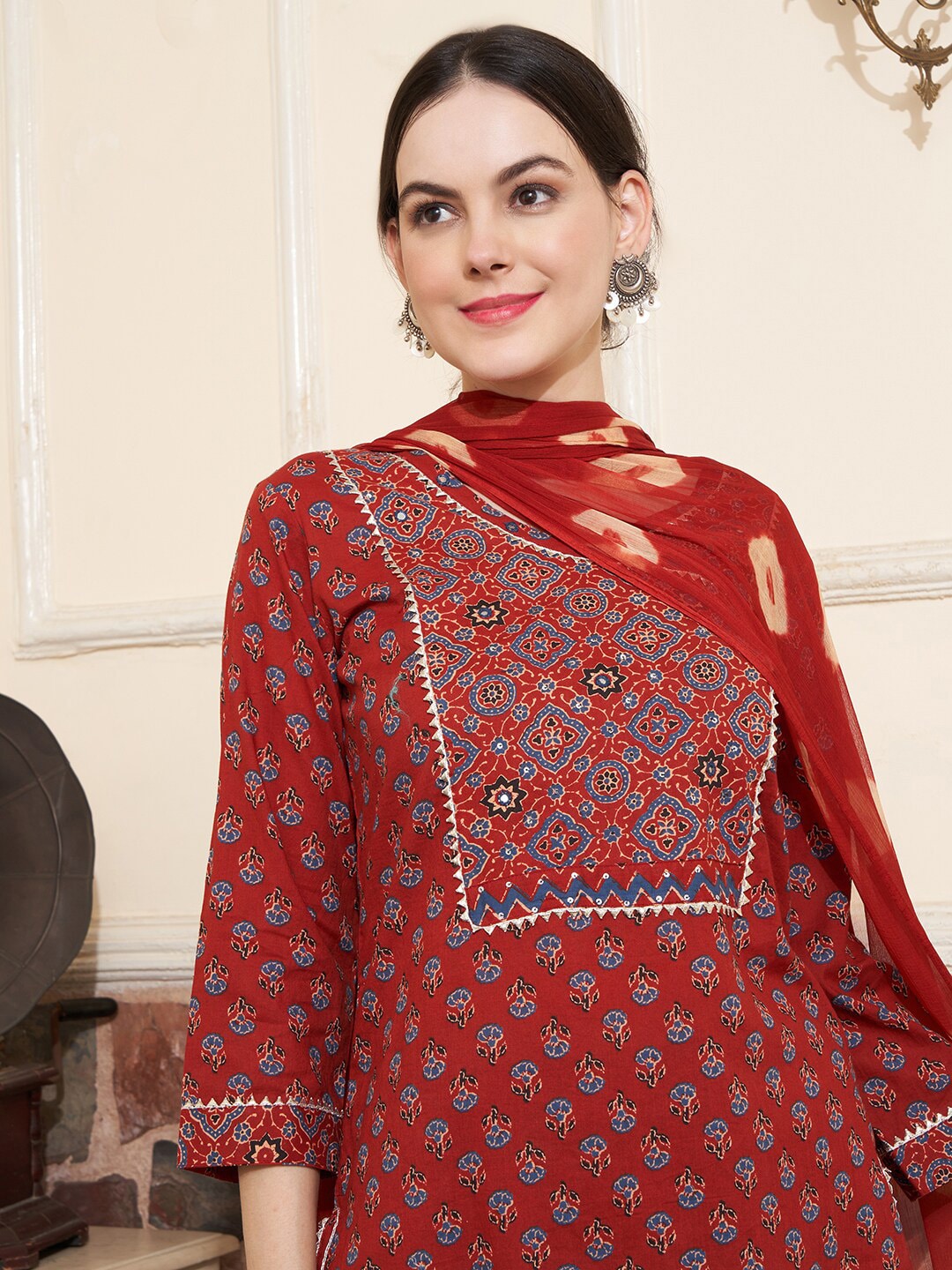 Sangria Maroon Ethnic Motifs Printed Mirror Work Pure Cotton Kurta with Trousers & Dupatta | Grocsy