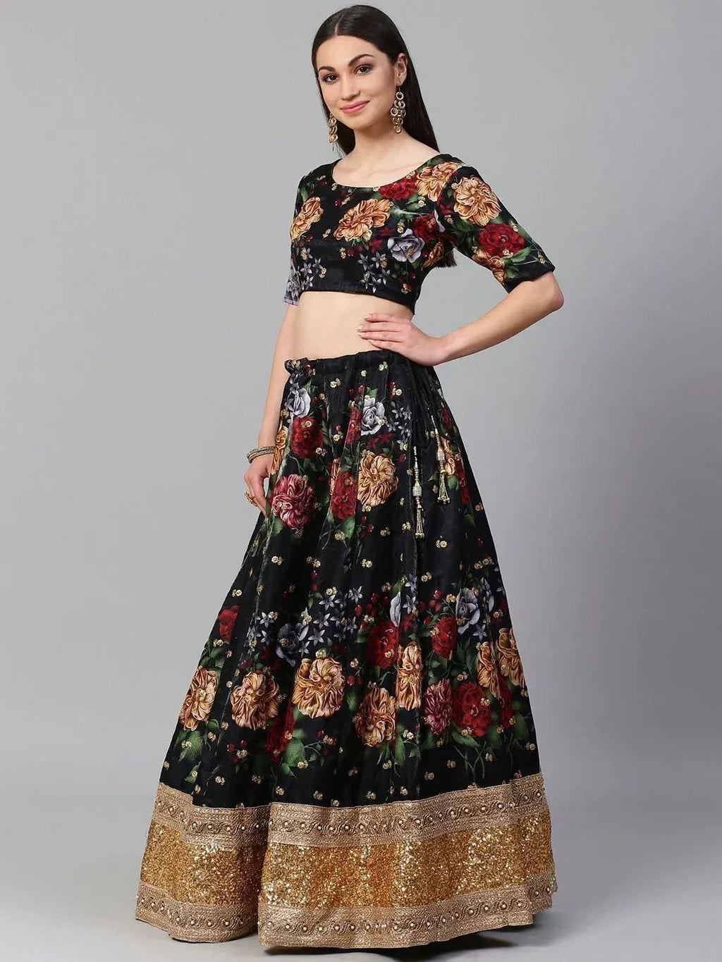 Tulsi Art Black & Grey Printed Semi-Stitched Myntra Lehenga & Unstitched Blouse With Dupatta | Grocsy