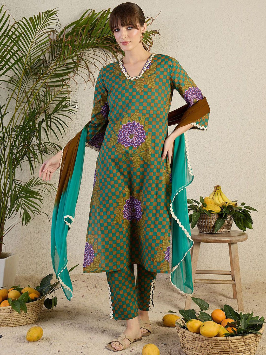Indo Era Women Floral Printed Regular Beads and Stones Kurta with Trousers & With Dupatta | Grocsy