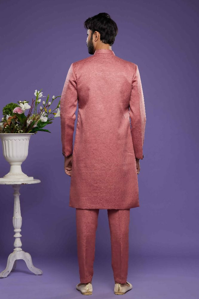 Raivat Ethnic Art Banarasi Silk Thread Work Kurta Pajama In Rust Pink Colour | Grocsy
