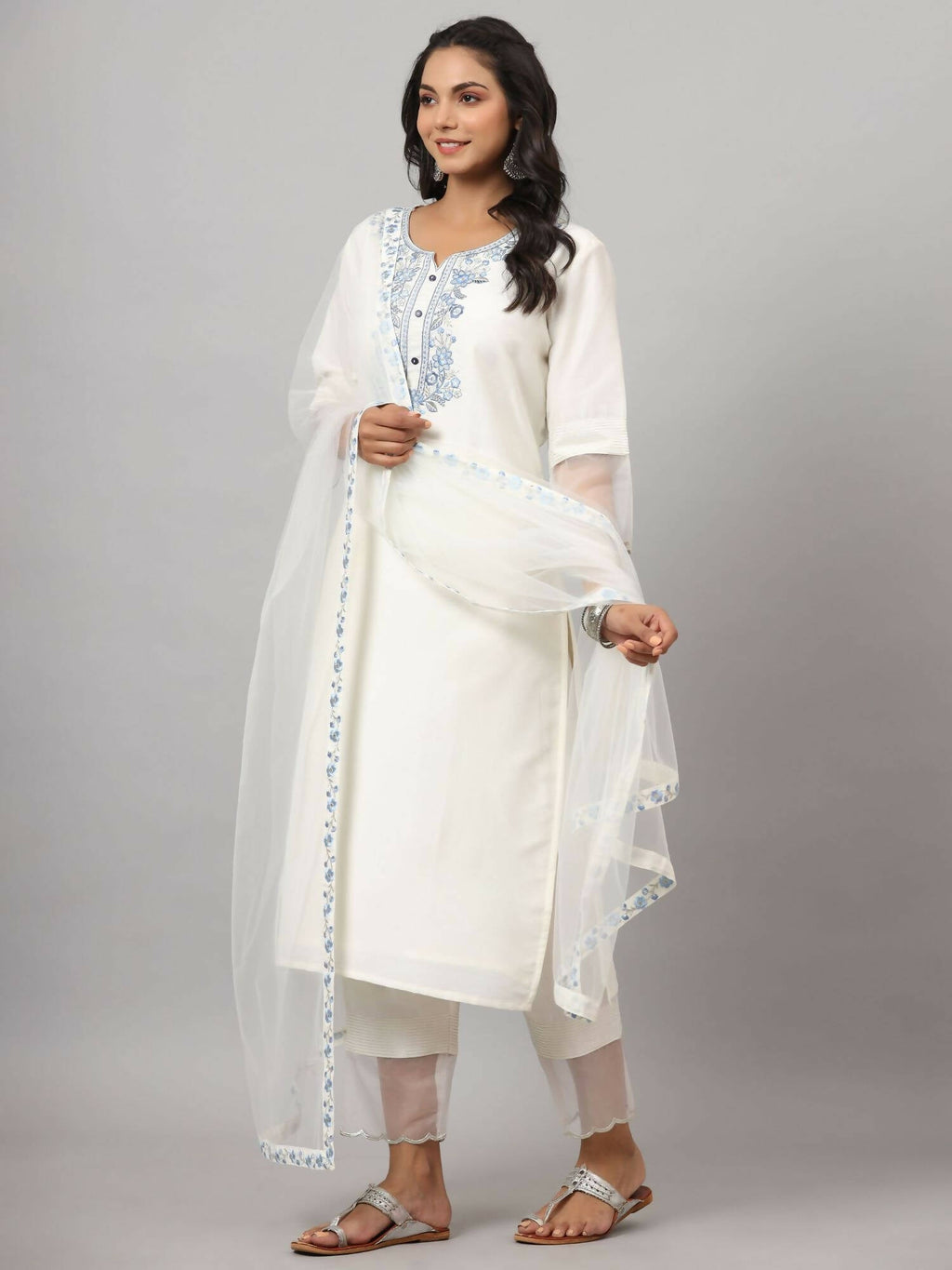 Juniper Women's White Chinnon Solid Embroidered Kurta Set | Grocsy
