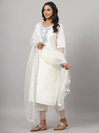 Juniper Women's White Chinnon Solid Embroidered Kurta Set | Grocsy