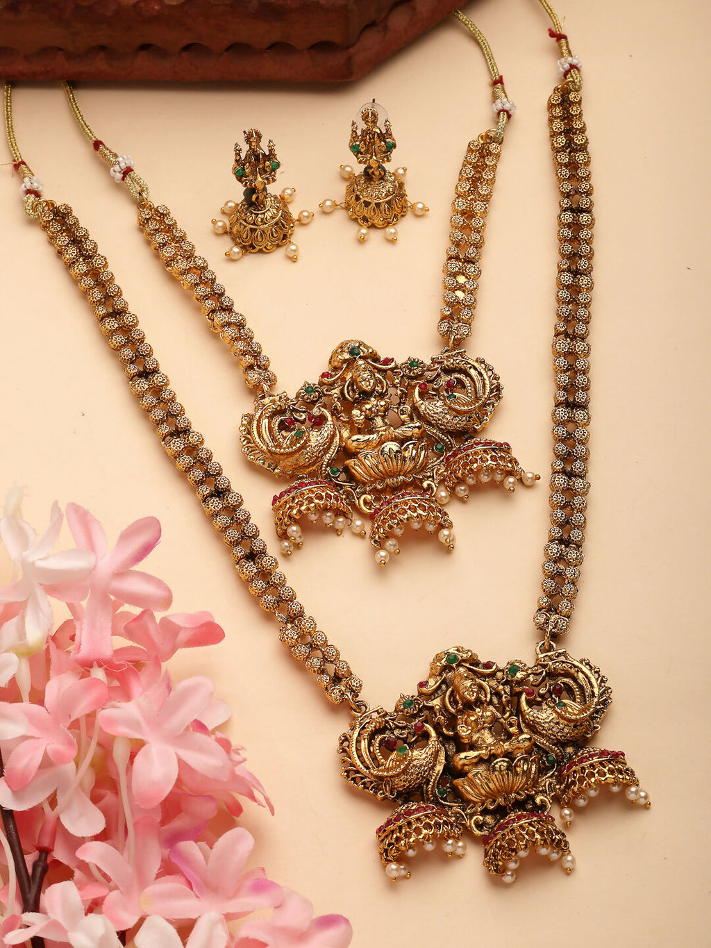 NVR Women's Set of 2 Gold-Polished Stone Studded Lakshmi Design Temple Jewellery Set | Grocsy