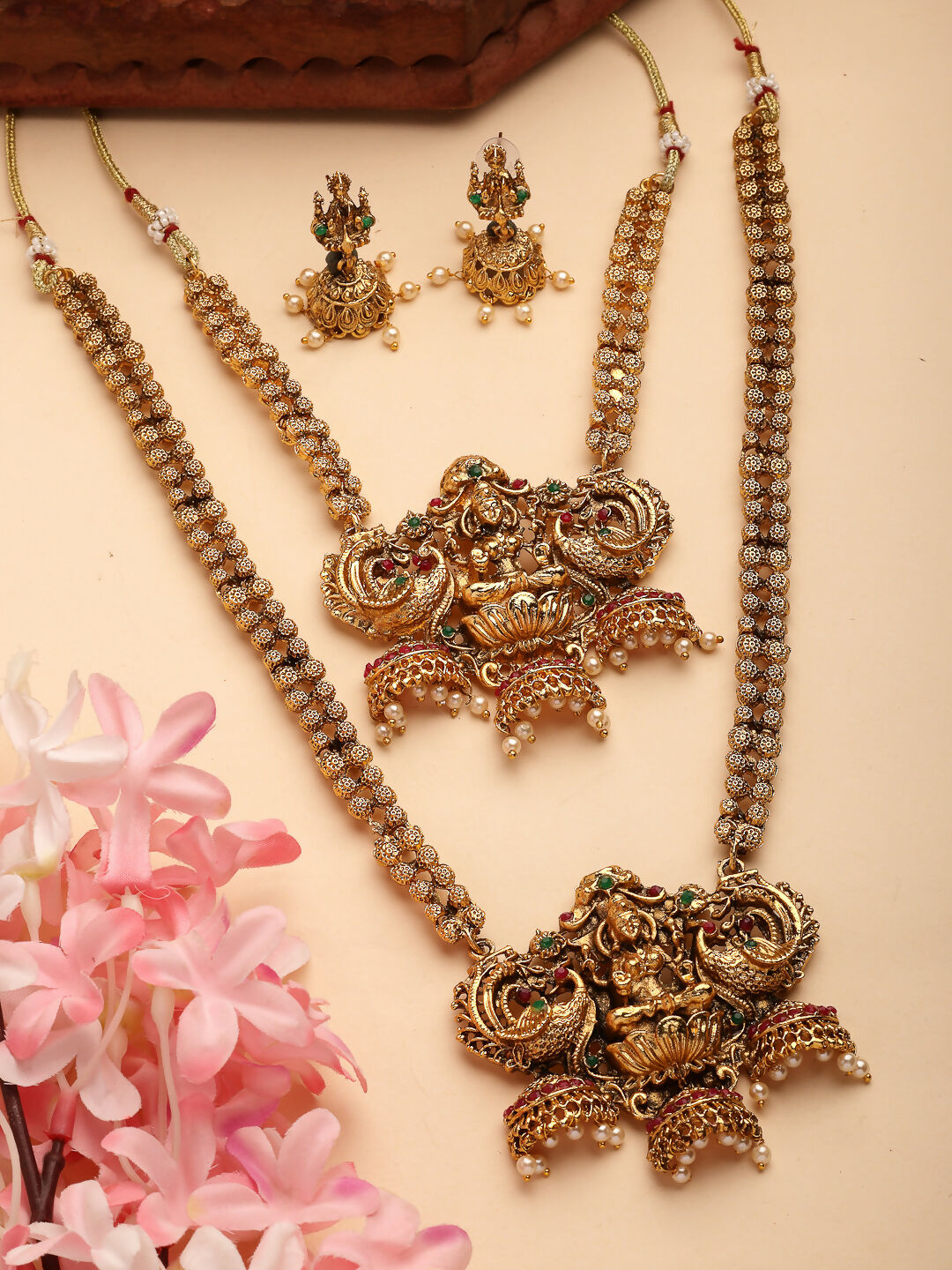 NVR Women's Set of 2 Gold-Polished Stone Studded Lakshmi Design Temple Jewellery Set | Grocsy
