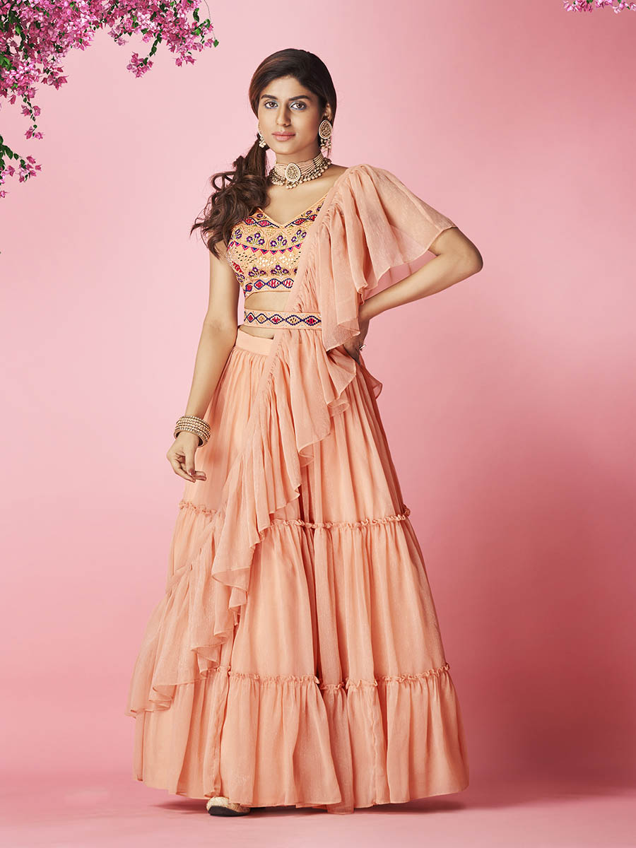 Myra Peach Art Silk Designer Lehenga | Grocsy