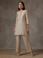 trueBrowns Beige White Printed Silk Co-Ord Set | Grocsy