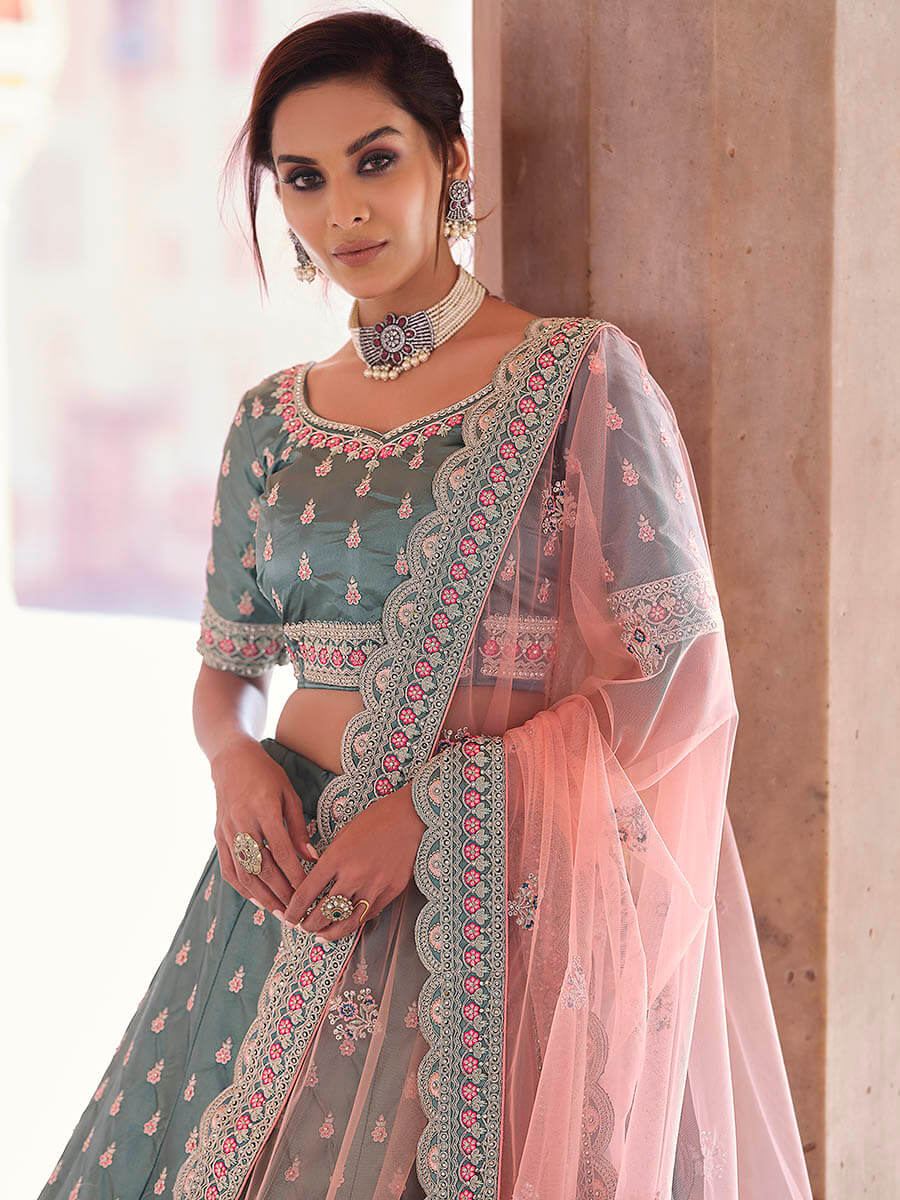 Myra Rama Green Embroidered Designer Lehenga Choli | Grocsy