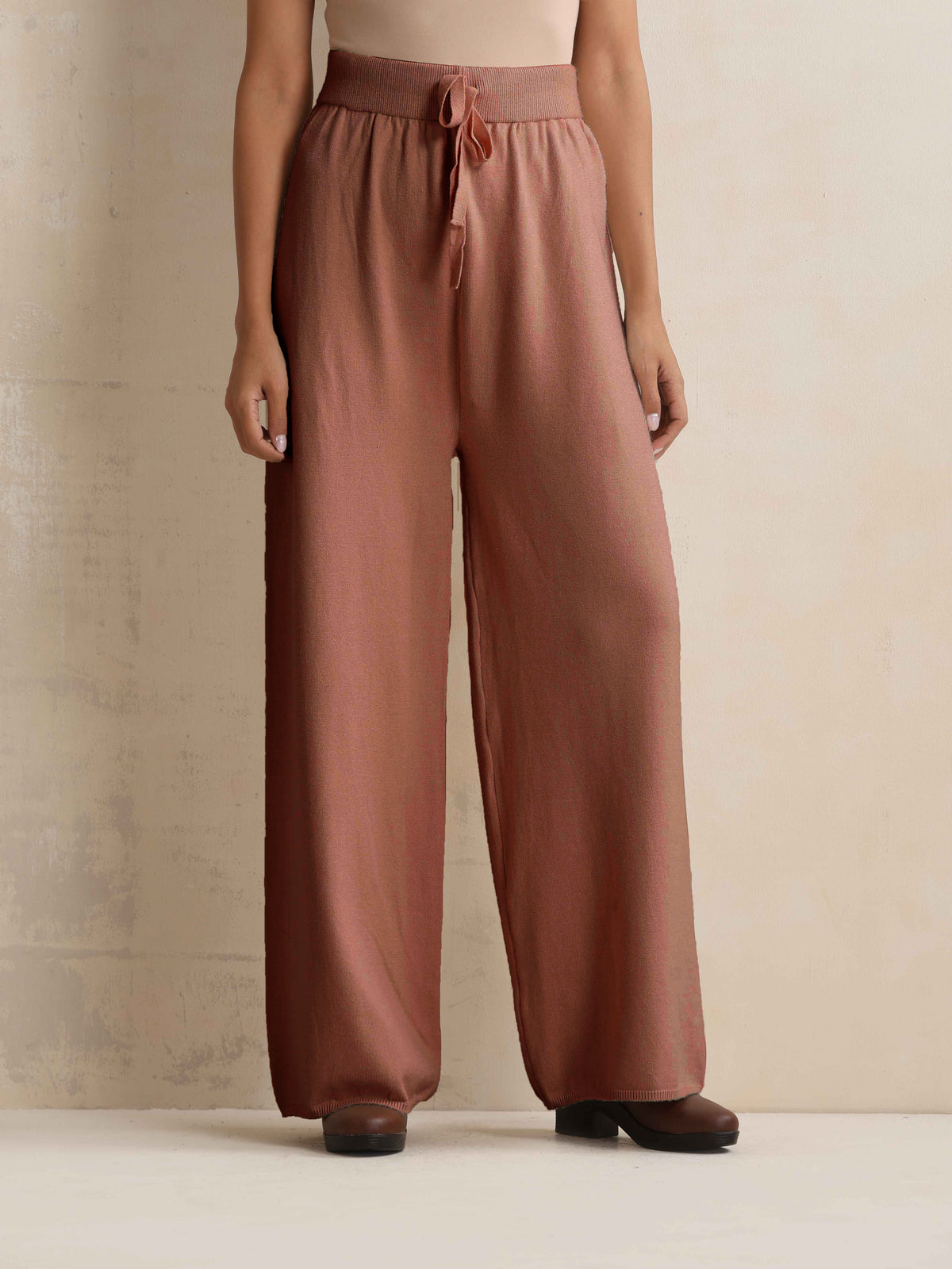 trueBrowns Peach Woollen Flared Pants | Grocsy