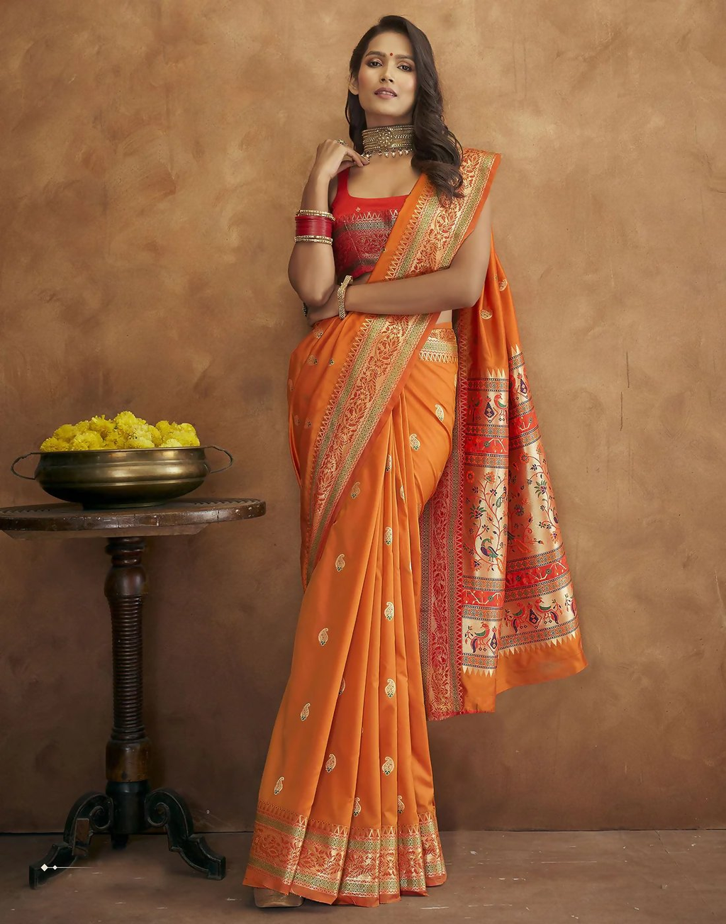 Vastranavya Orange Soft Paithani Silk Saree With Gold Zari Weaving Motifs With Matching Blouse Fabric | Grocsy