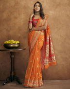 Vastranavya Orange Soft Paithani Silk Saree With Gold Zari Weaving Motifs With Matching Blouse Fabric | Grocsy