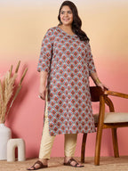 Sztori Plus Size Ethnic Motifs Printed V-Neck Crepe Straight Kurta | Grocsy