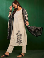 Sangria Floral Embroidered Pure Cotton Thread Work Kurta with Trousers & Dupatta | Grocsy
