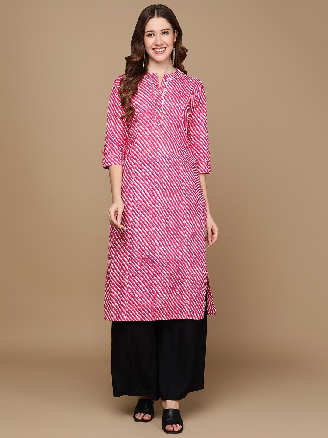 HERE&NOW Pink & White Striped Sequined Straight Cotton Kurta | Grocsy