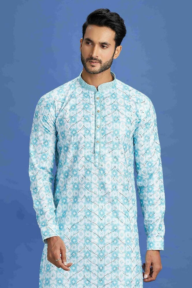 Raivat Ethnic Cotton Embroidery Kurta Pajama In Sky Blue Colour | Grocsy