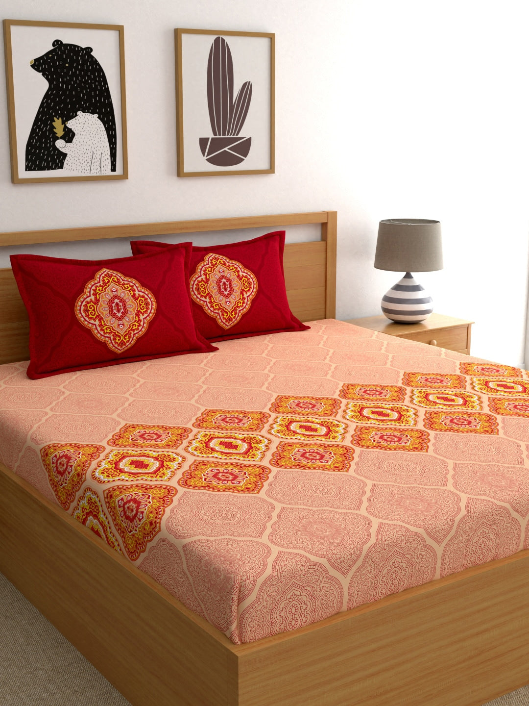 Dreamscape Pink Ethnic Motifs 144 TC Cotton 1 Queen Bedsheet with 2 Pillow Covers | Grocsy