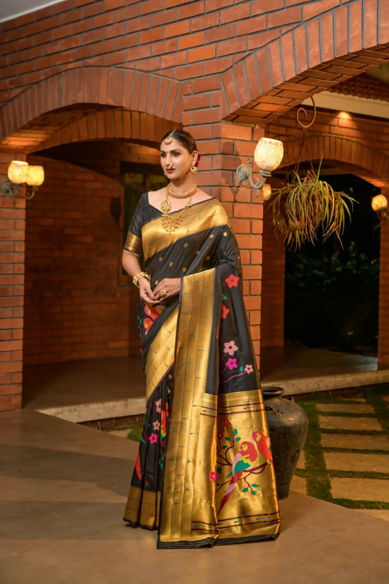 Jyoti Fashion Women's Black Paithani Silk Zari Woven Saree with Blouse | Grocsy