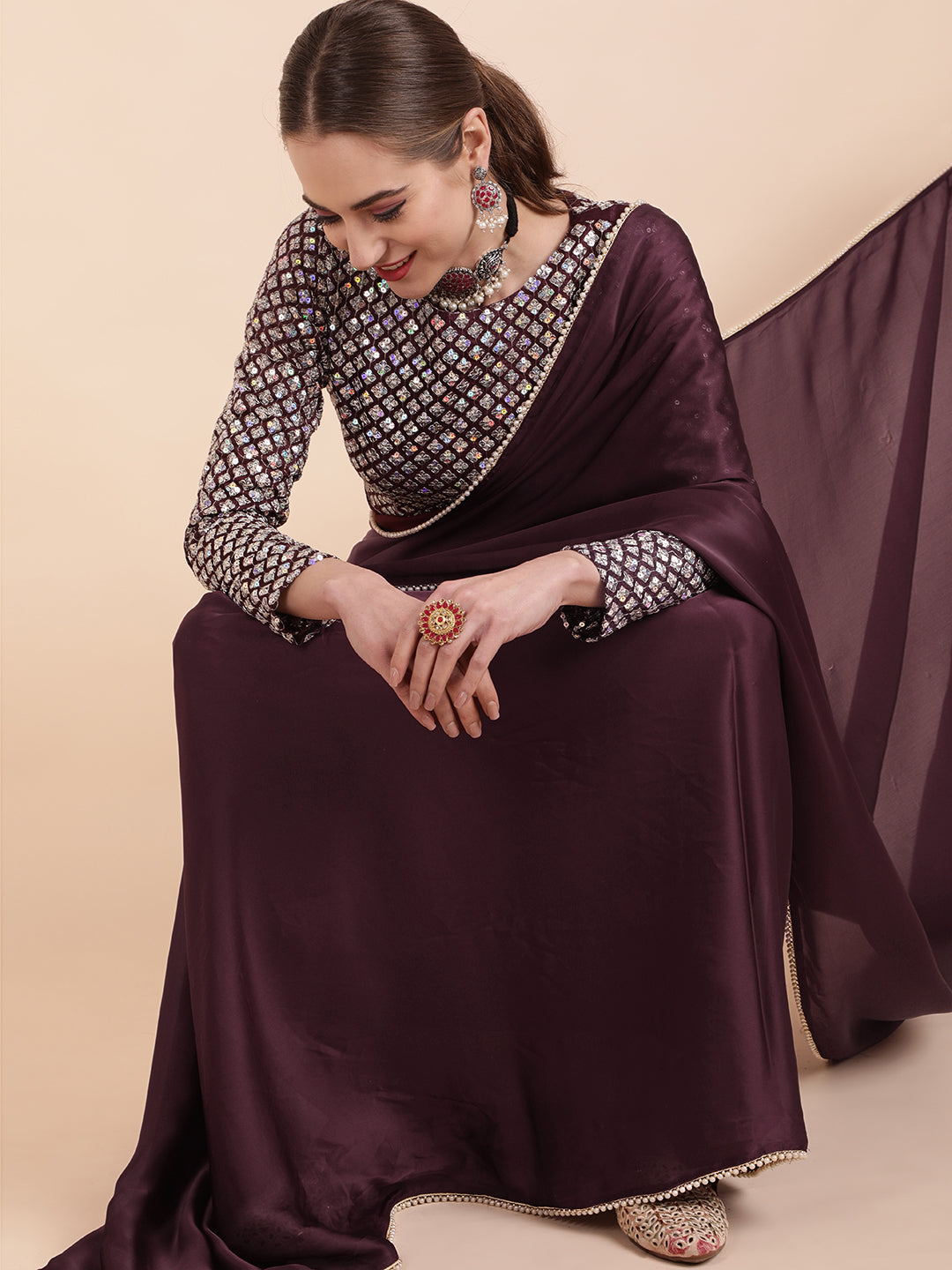 Sangria Burgundy Sequinned Satin Saree | Grocsy