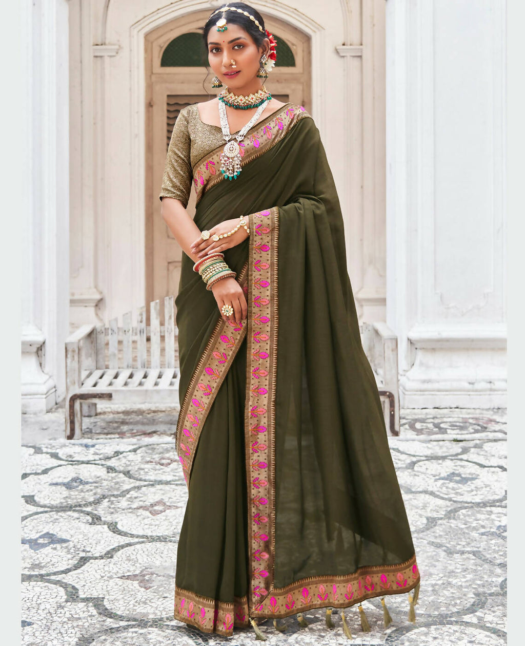 Olive Vichitra Solid Saree With Unstitched Blouse Piece - Juhi | Grocsy