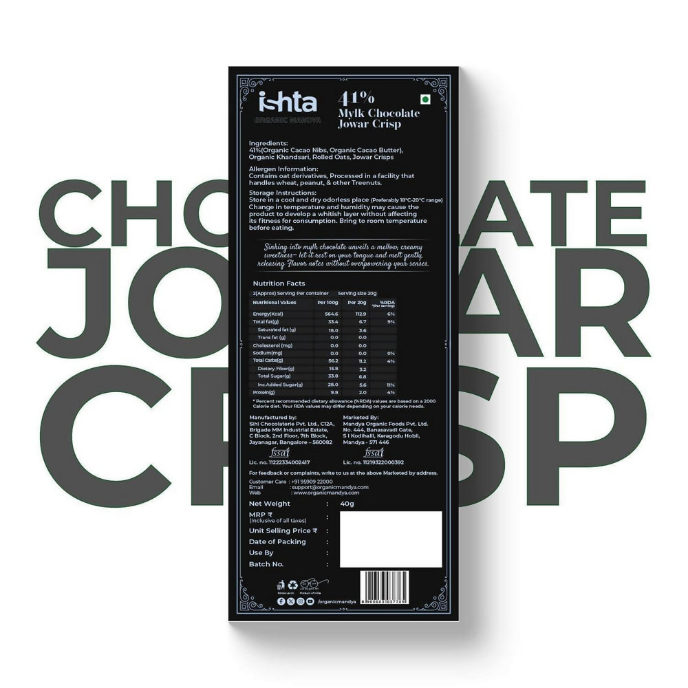 Organic Mandya 41% Mylk Chocolate with Jowar crisp | Grocsy