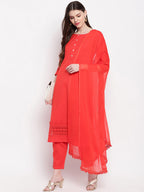 Janasya Women Red Solid Kurta with Trousers & Dupatta | Grocsy