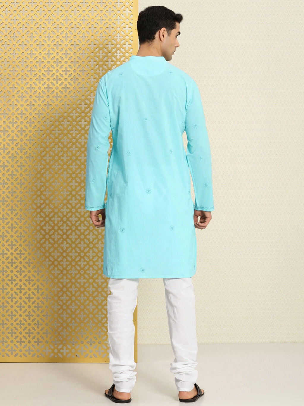 House of Pataudi Men Pure Cotton Embroidered Chikankari Jashn Kurta with Churidar | Grocsy