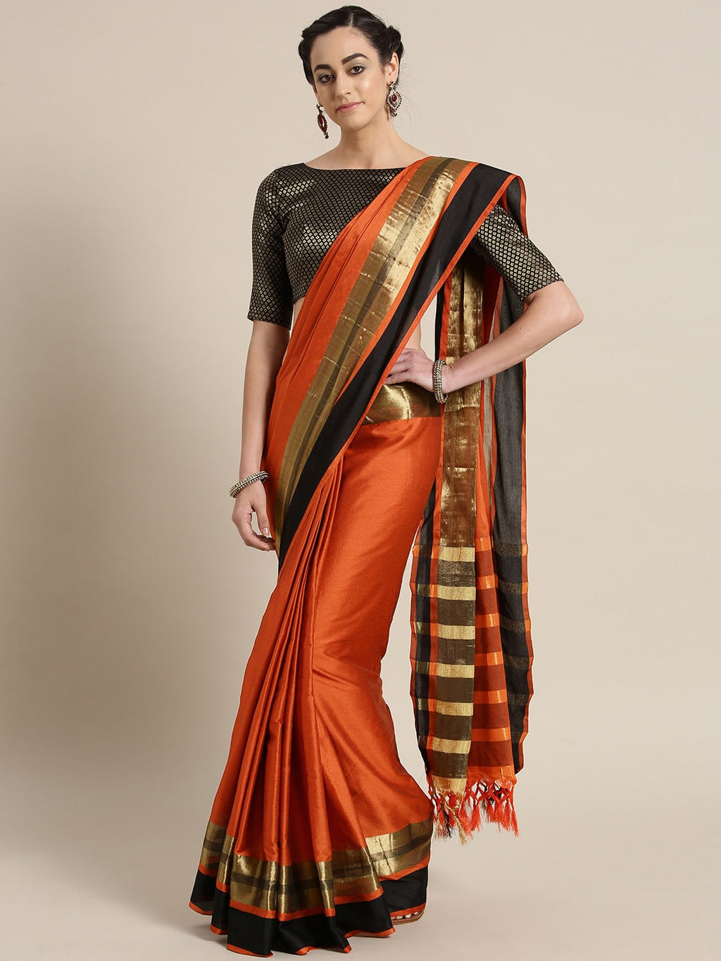 Saree Mall Rust Orange Solid Saree | Grocsy