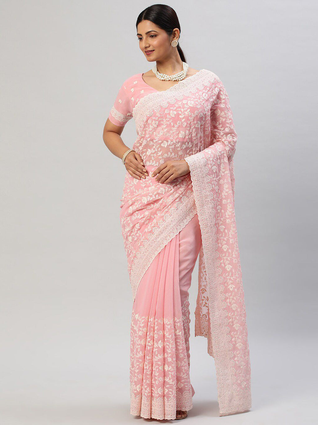 kasee Floral Embroidered Pure Chiffon Saree | Grocsy