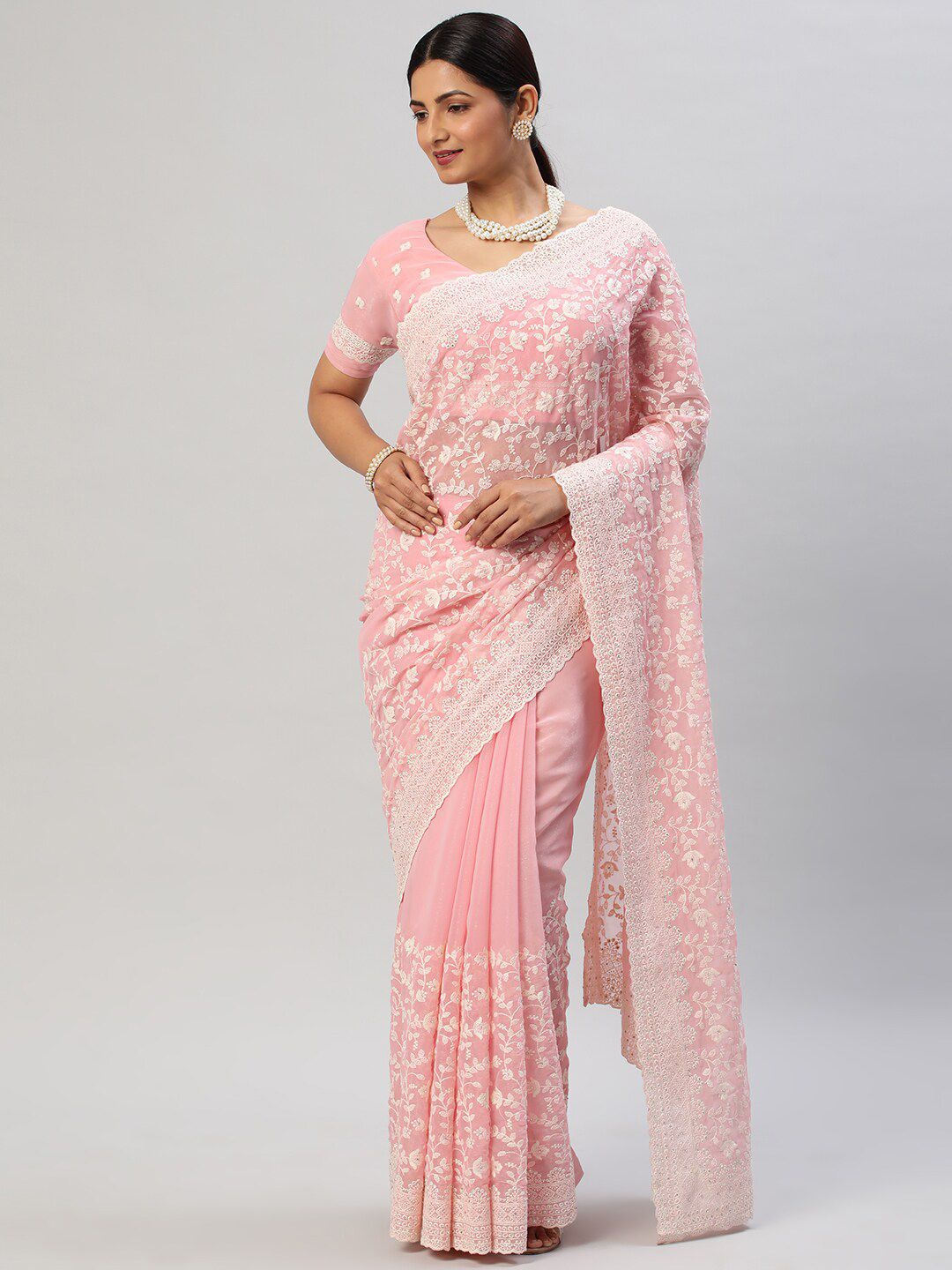 kasee Floral Embroidered Pure Chiffon Saree | Grocsy