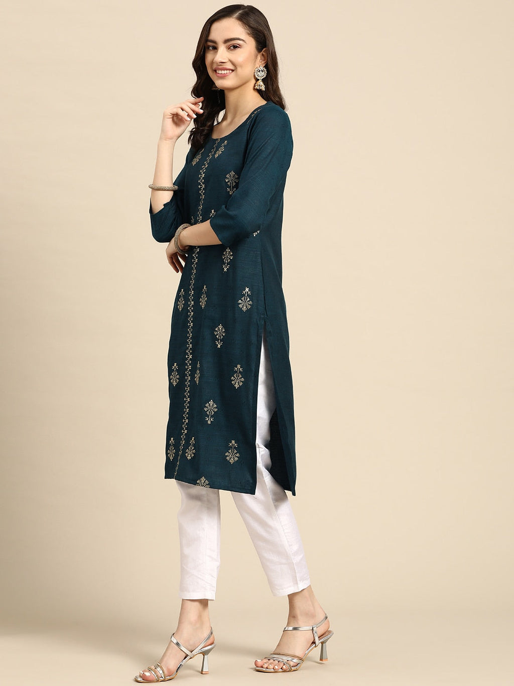 Sangria Teal Blue & Golden Embroidered Regular Kurta | Grocsy