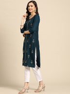 Sangria Teal Blue & Golden Embroidered Regular Kurta | Grocsy