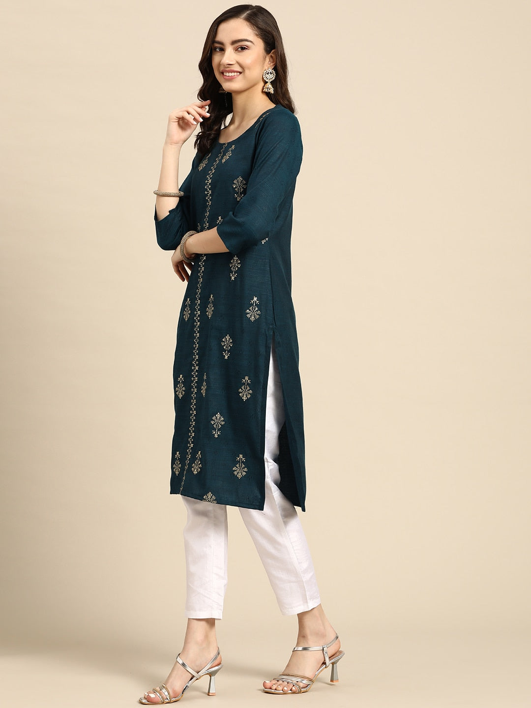 Sangria Teal Blue & Golden Embroidered Regular Kurta | Grocsy