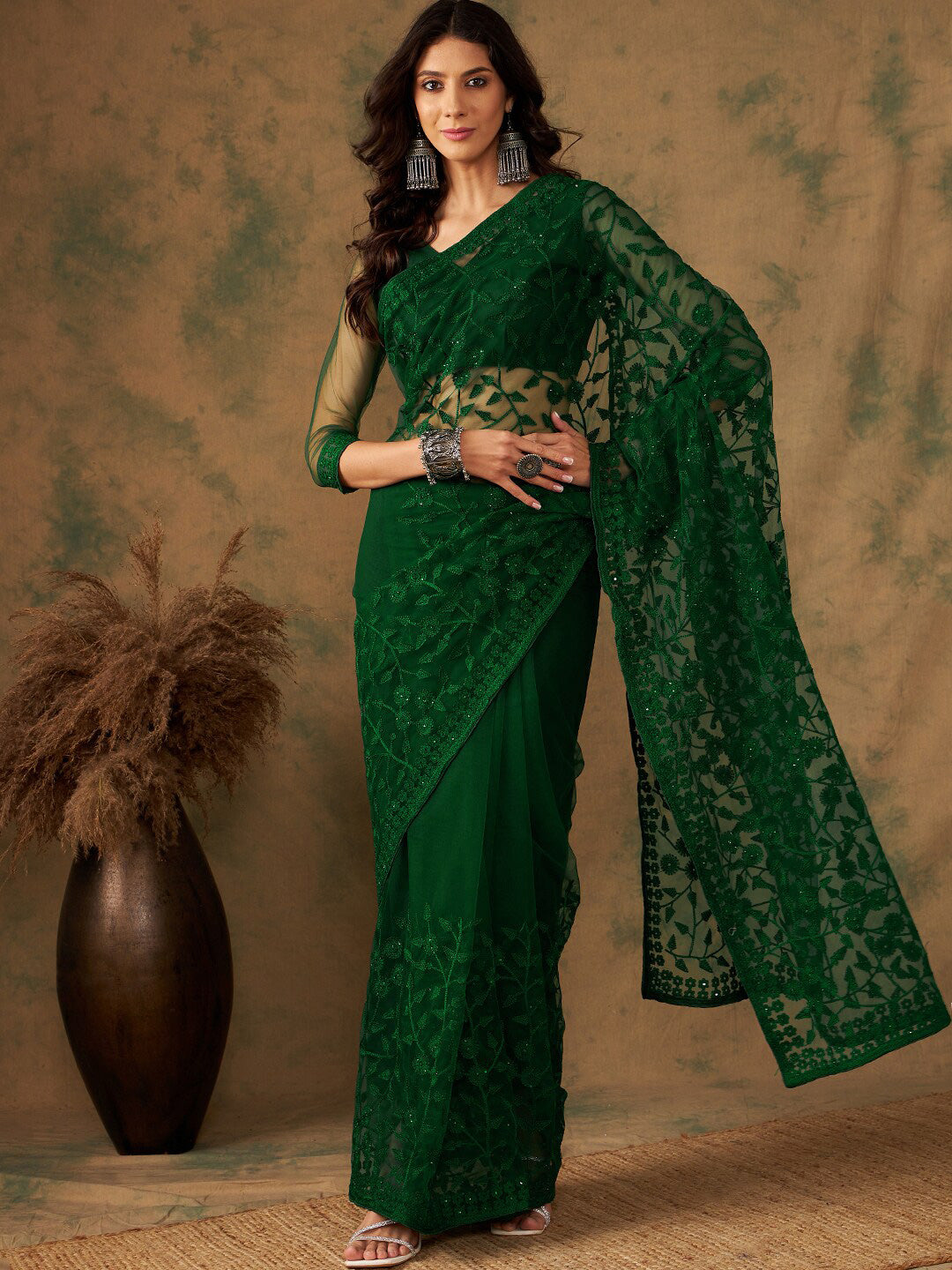 Sangria Floral Embroidered Net Sarees | Grocsy