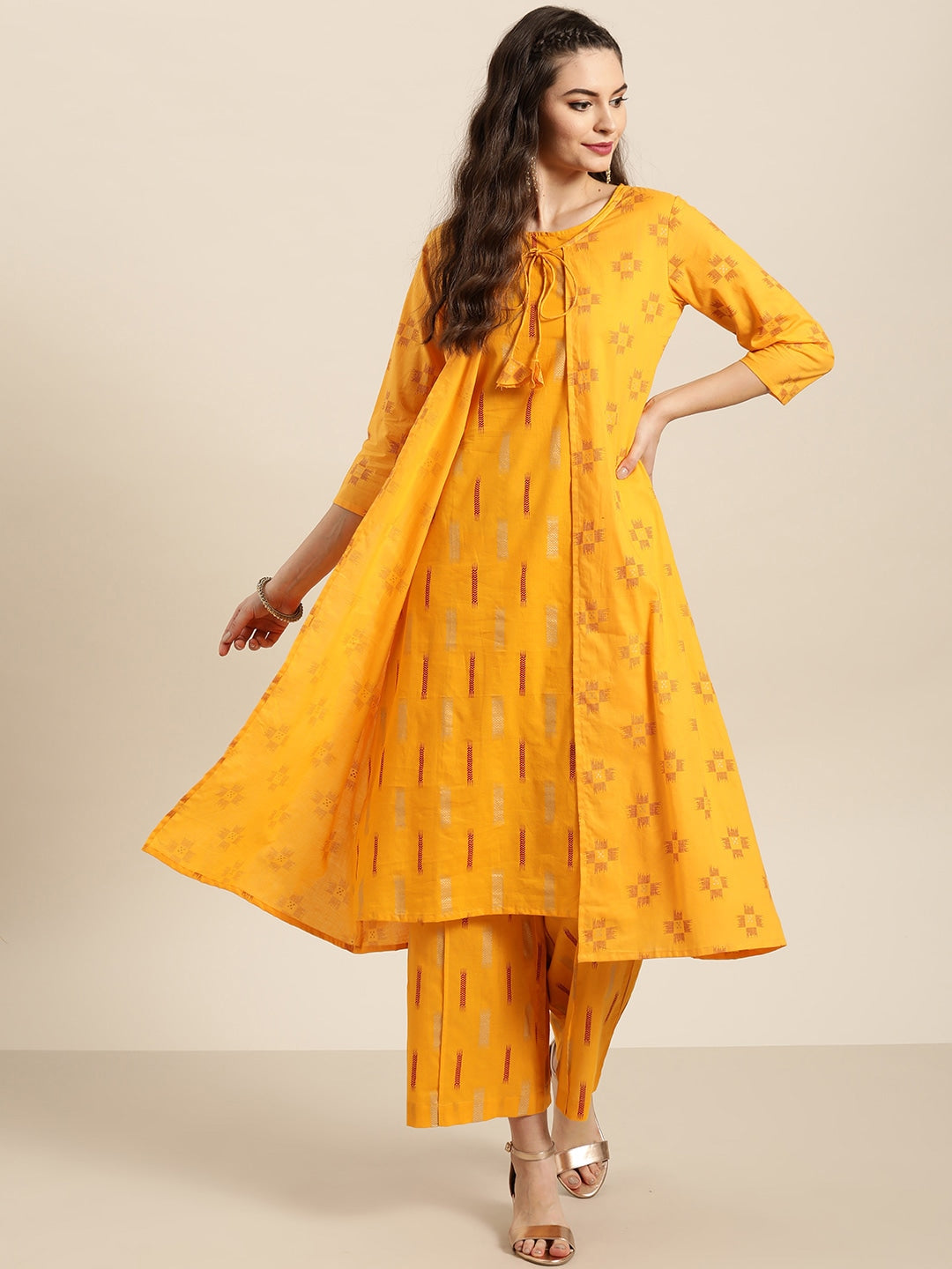 Sangria Women Mustard Yellow & Red Pure Cotton Printed Kurta with Palazzos | Grocsy