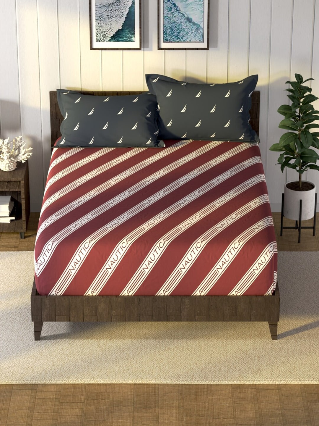 Nautica Noridge Red & White Printed Cotton 160 TC King Bedsheet with 2 Pillow Covers | Grocsy